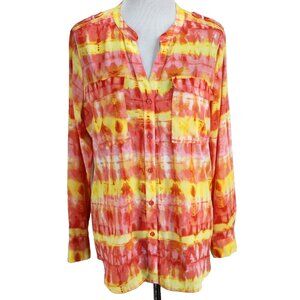 Calvin Klein Blouse Womens Sz L Yellow Orange Long Roll Tab Sleeve Button Front